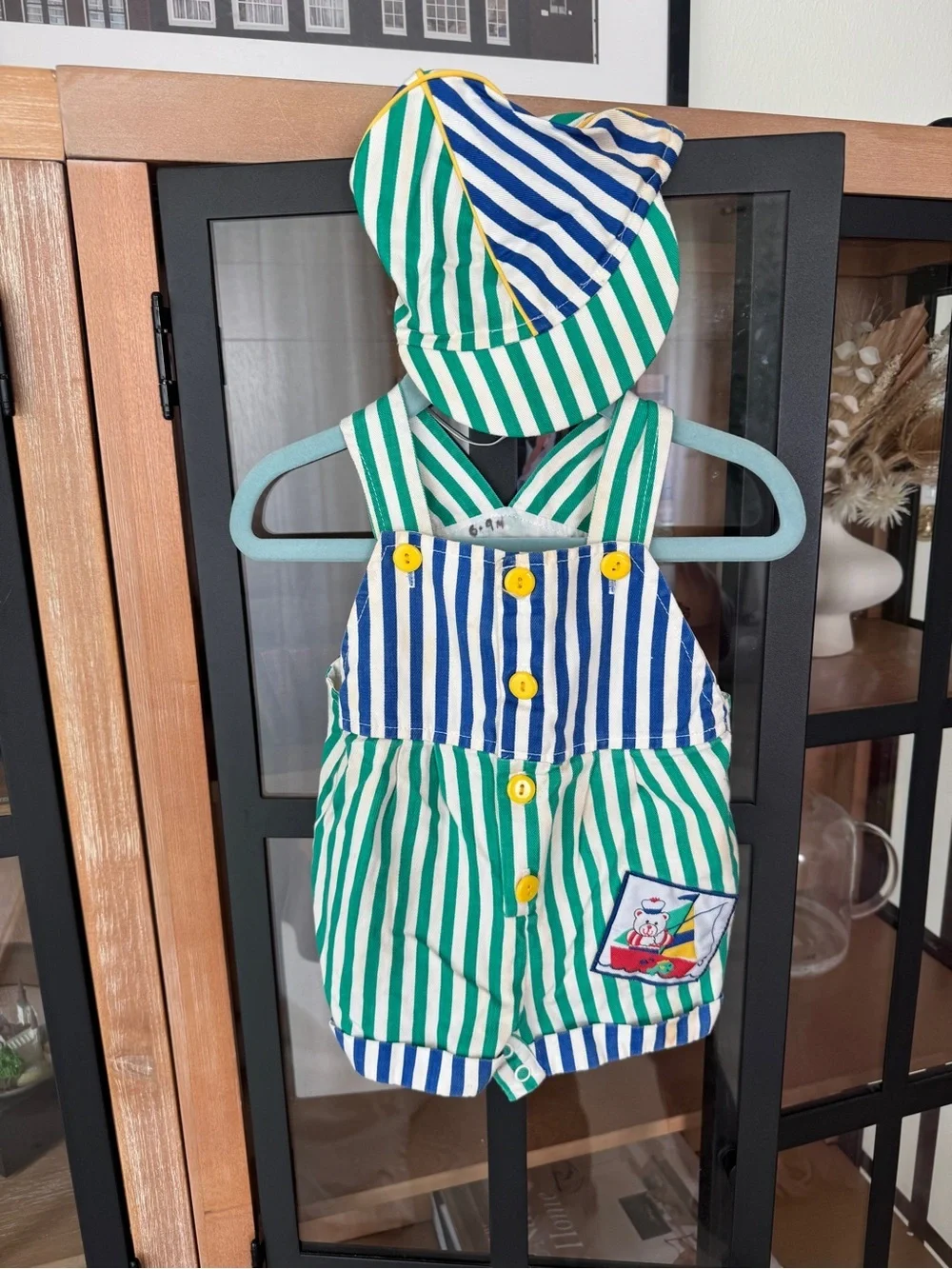 Vintage teddy bear set striped overalls romper hat sailor sailboat fishing